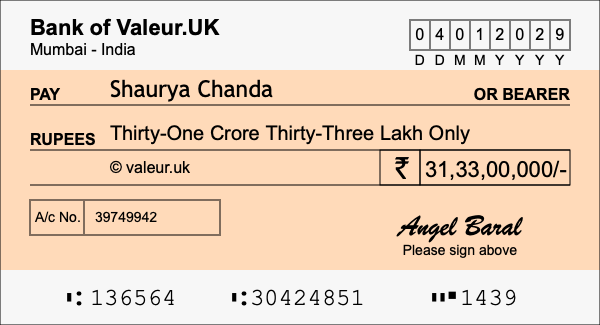 How to write a cheque for 31.33 crore rupees