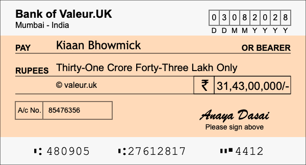 How to write a cheque for 31.43 crore rupees