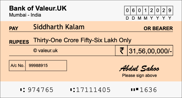 How to write a cheque for 31.56 crore rupees