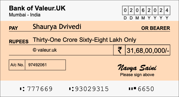 How to write a cheque for 31.68 crore rupees How to write a cheque for 31.68 crore rupees