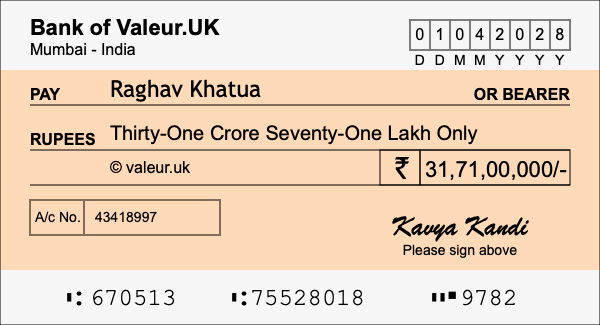 How to write a cheque for 31.71 crore rupees