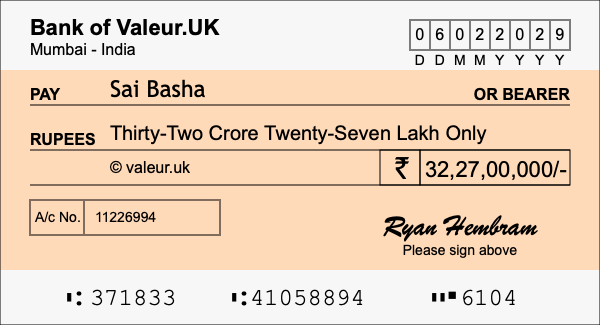 How to write a cheque for 32.27 crore rupees