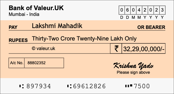 How to write a cheque for 32.29 crore rupees