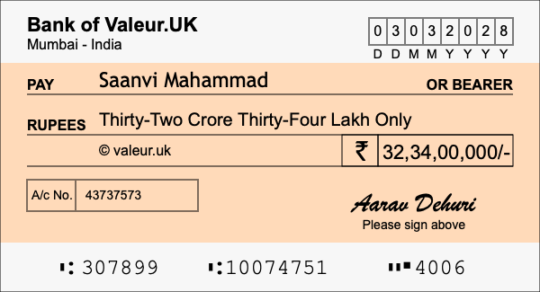 How to write a cheque for 32.34 crore rupees