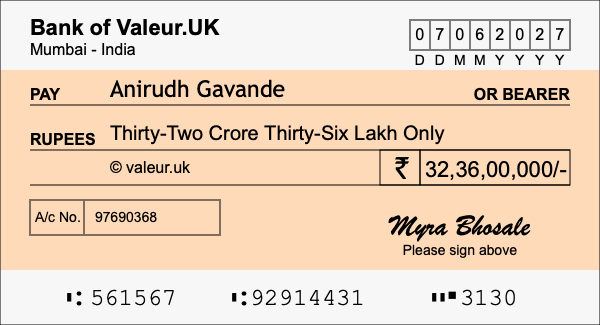 How to write a cheque for 32.36 crore rupees How to write a cheque for 32.36 crore rupees
