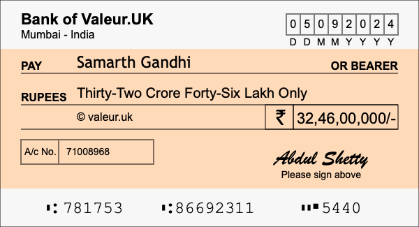 How to write a cheque for 32.46 crore rupees