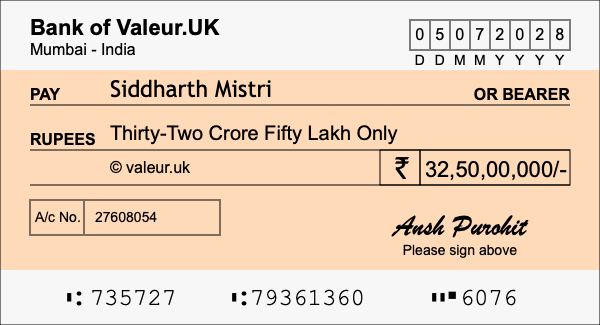 How to write a cheque for 32.5 crore rupees