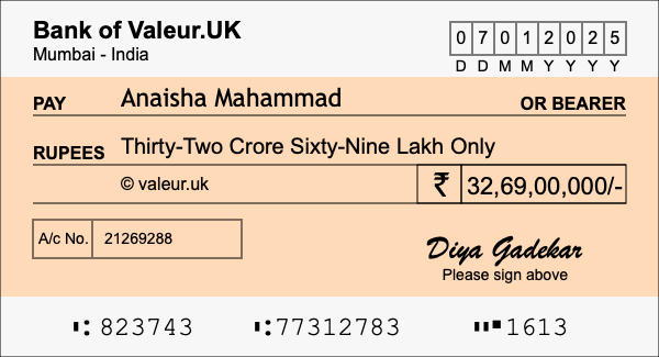 How to write a cheque for 32.69 crore rupees How to write a cheque for 32.69 crore rupees