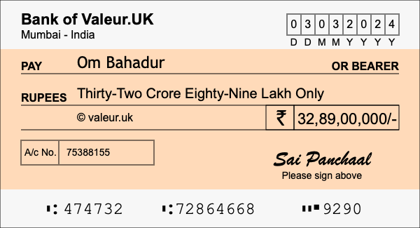 How to write a cheque for 32.89 crore rupees