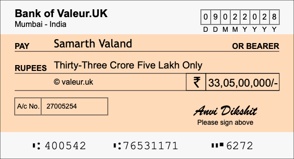 How to write a cheque for 33.05 crore rupees
