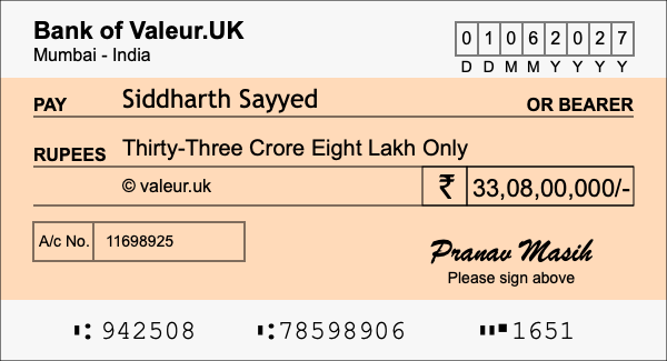 How to write a cheque for 33.08 crore rupees