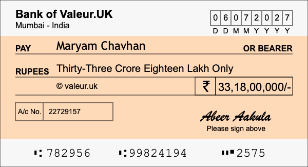 How to write a cheque for 33.18 crore rupees