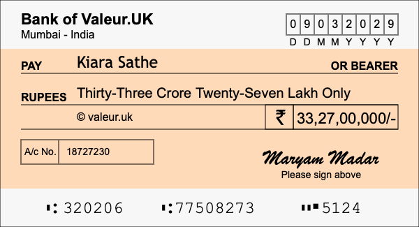 How to write a cheque for 33.27 crore rupees