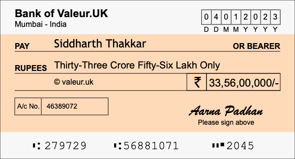 How to write a cheque for 33.56 crore rupees