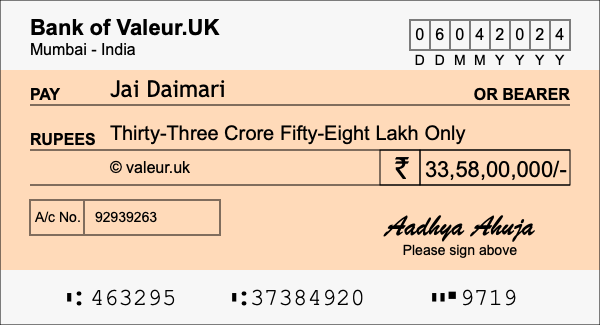 How to write a cheque for 33.58 crore rupees