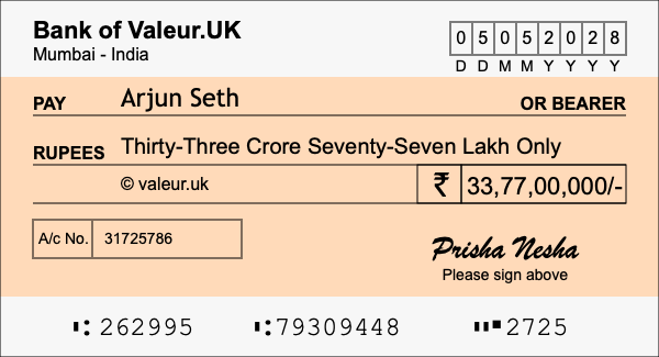How to write a cheque for 33.77 crore rupees