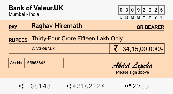 How to write a cheque for 34.15 crore rupees