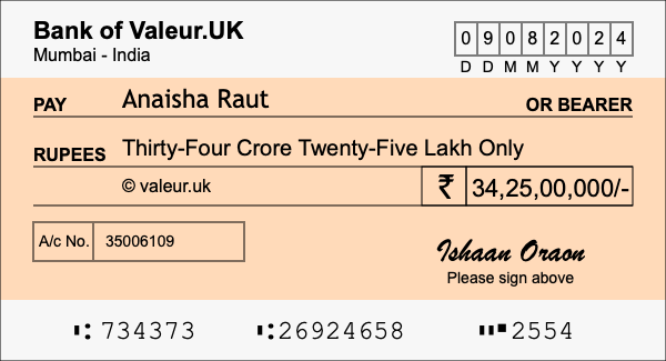 How to write a cheque for 34.25 crore rupees