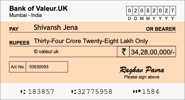 How to write a cheque for 34.28 crore rupees