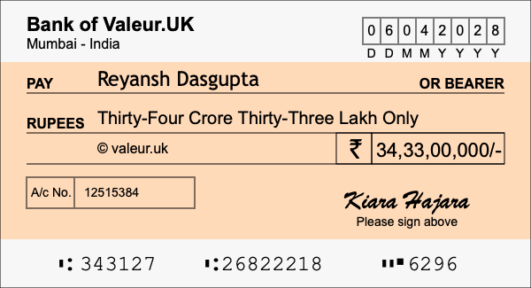 How to write a cheque for 34.33 crore rupees How to write a cheque for 34.33 crore rupees