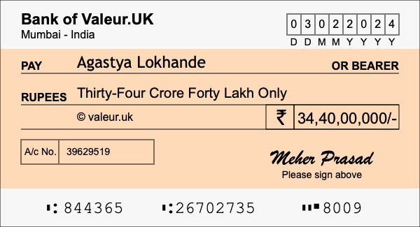 How to write a cheque for 34.4 crore rupees How to write a cheque for 34.4 crore rupees