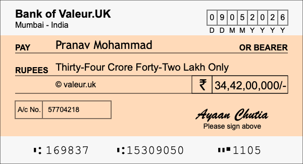 How to write a cheque for 34.42 crore rupees