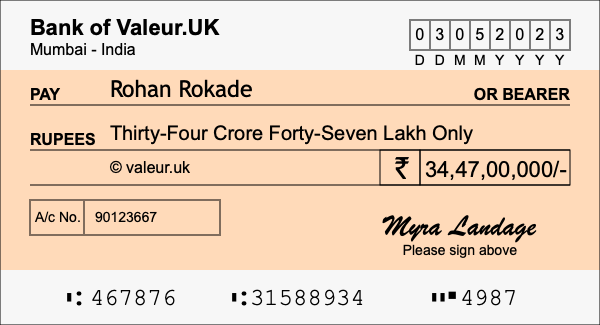 How to write a cheque for 34.47 crore rupees