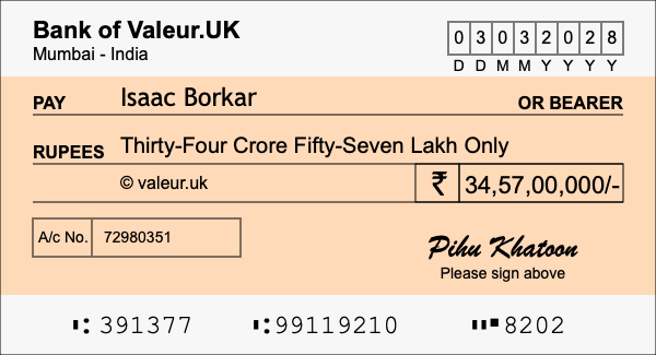 How to write a cheque for 34.57 crore rupees