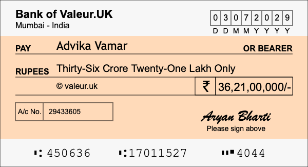 How to write a cheque for 36.21 crore rupees
