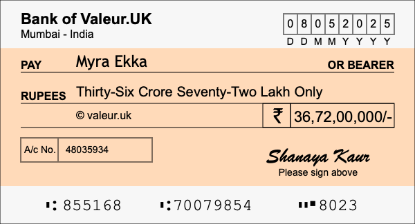 How to write a cheque for 36.72 crore rupees