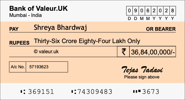 How to write a cheque for 36.84 crore rupees