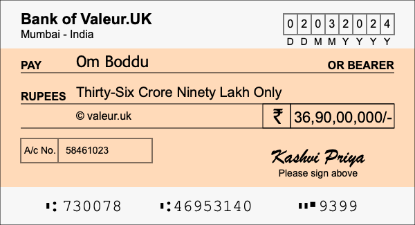 How to write a cheque for 36.9 crore rupees