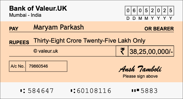 How to write a cheque for 38.25 crore rupees How to write a cheque for 38.25 crore rupees