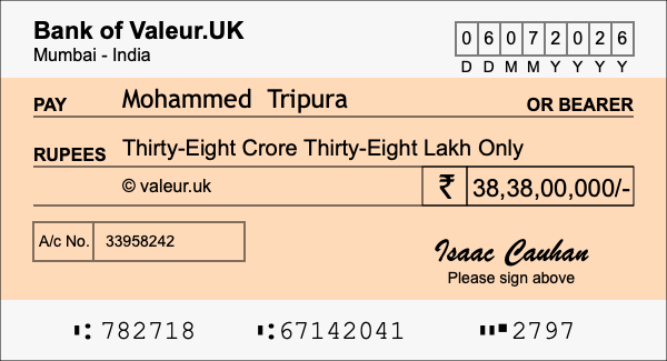 How to write a cheque for 38.38 crore rupees