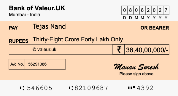 How to write a cheque for 38.4 crore rupees