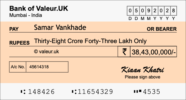 How to write a cheque for 38.43 crore rupees