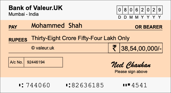 How to write a cheque for 38.54 crore rupees