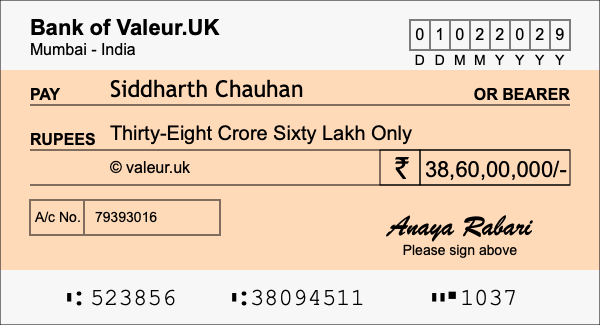 How to write a cheque for 38.6 crore rupees