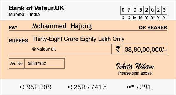 How to write a cheque for 38.8 crore rupees How to write a cheque for 38.8 crore rupees