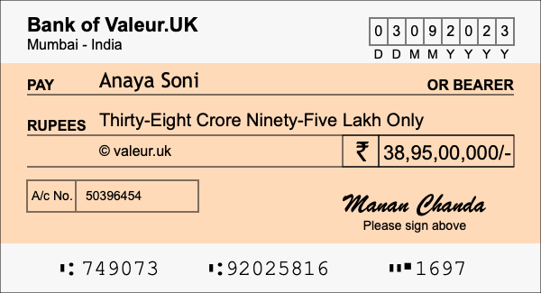 How to write a cheque for 38.95 crore rupees