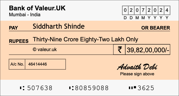 How to write a cheque for 39.82 crore rupees