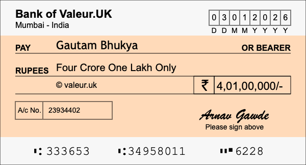 How to write a cheque for 4.01 crore rupees How to write a cheque for 4.01 crore rupees