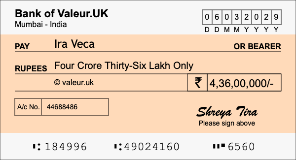How to write a cheque for 4.36 crore rupees How to write a cheque for 4.36 crore rupees