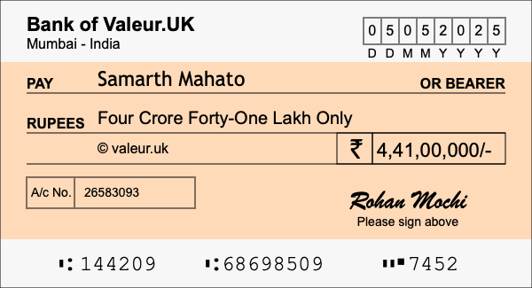 How to write a cheque for 4.41 crore rupees How to write a cheque for 4.41 crore rupees