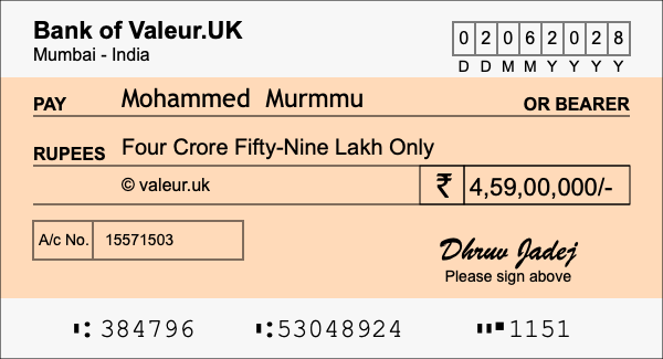 How to write a cheque for 4.59 crore rupees How to write a cheque for 4.59 crore rupees