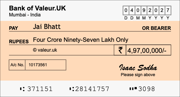 How to write a cheque for 4.97 crore rupees How to write a cheque for 4.97 crore rupees