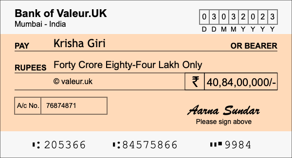 How to write a cheque for 40.84 crore rupees How to write a cheque for 40.84 crore rupees
