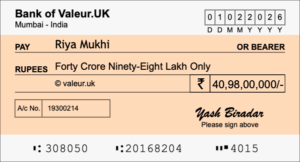 How to write a cheque for 40.98 crore rupees