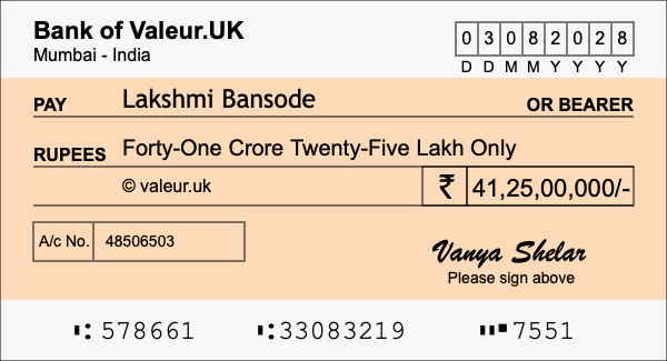 How to write a cheque for 41.25 crore rupees How to write a cheque for 41.25 crore rupees