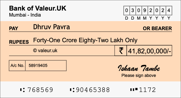 How to write a cheque for 41.82 crore rupees
